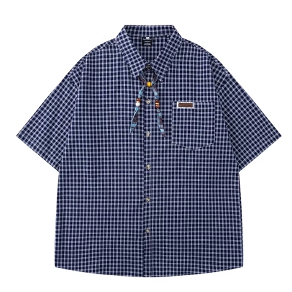 None Tops - Navy Gingham Beaded Scarf Detail Pocket Shirt